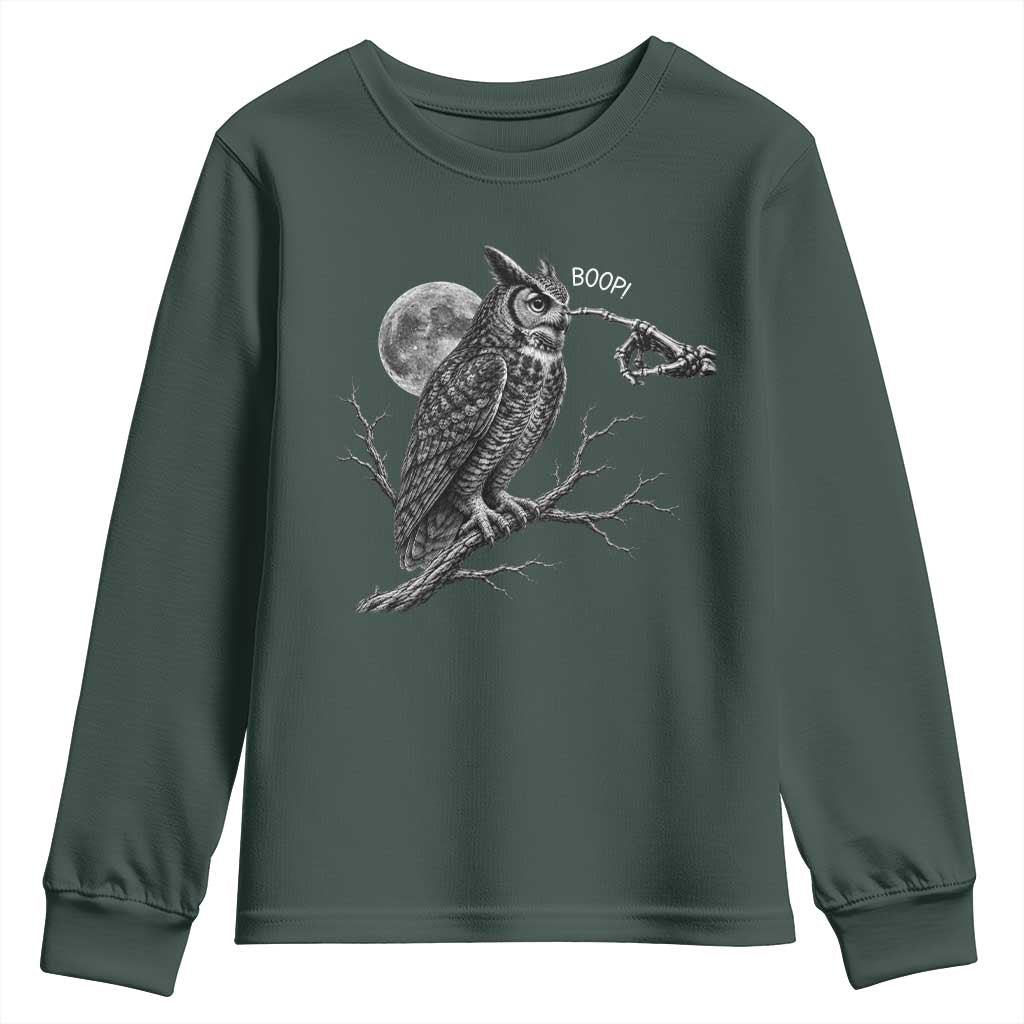 Skeleton Hand Boop Owl Youth Sweatshirt Funny Spooky Halloween Moon Graphic