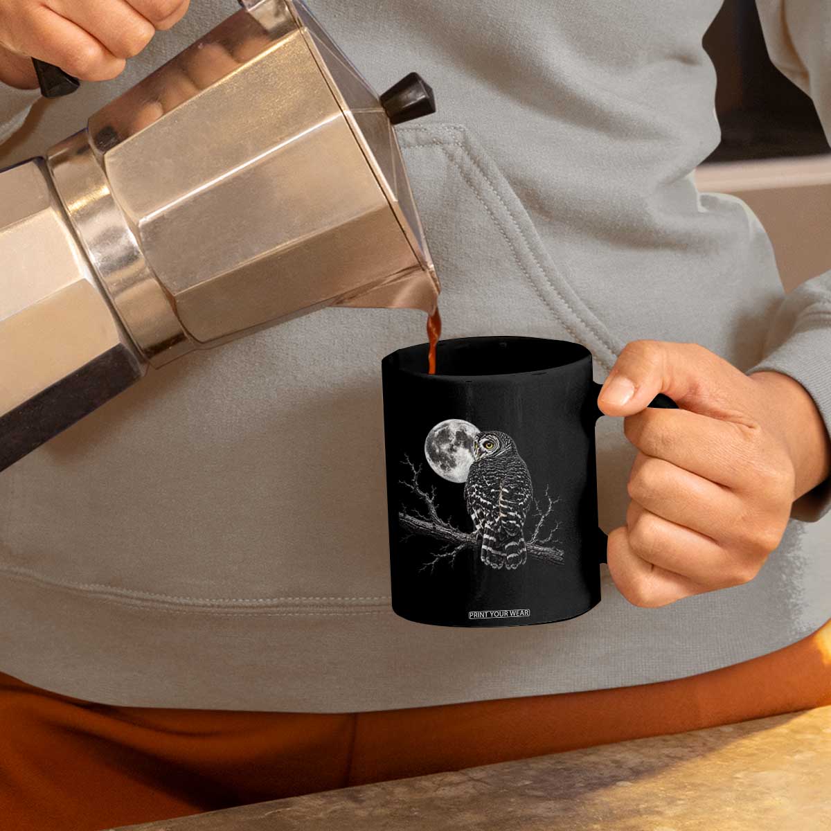 Owl Full Moon Graphic Coffee Mug Vintage Dark Academia Bird