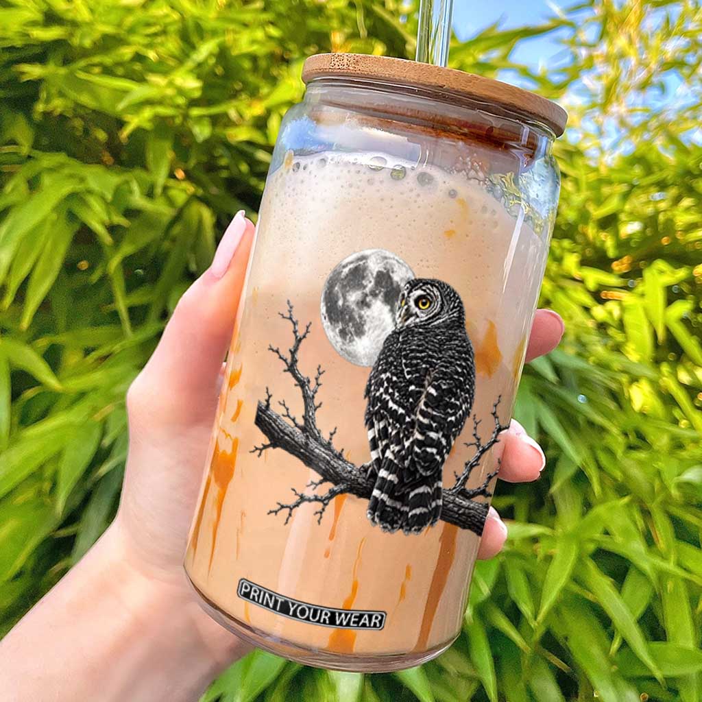Owl Full Moon Graphic Glass Can Vintage Dark Academia Bird