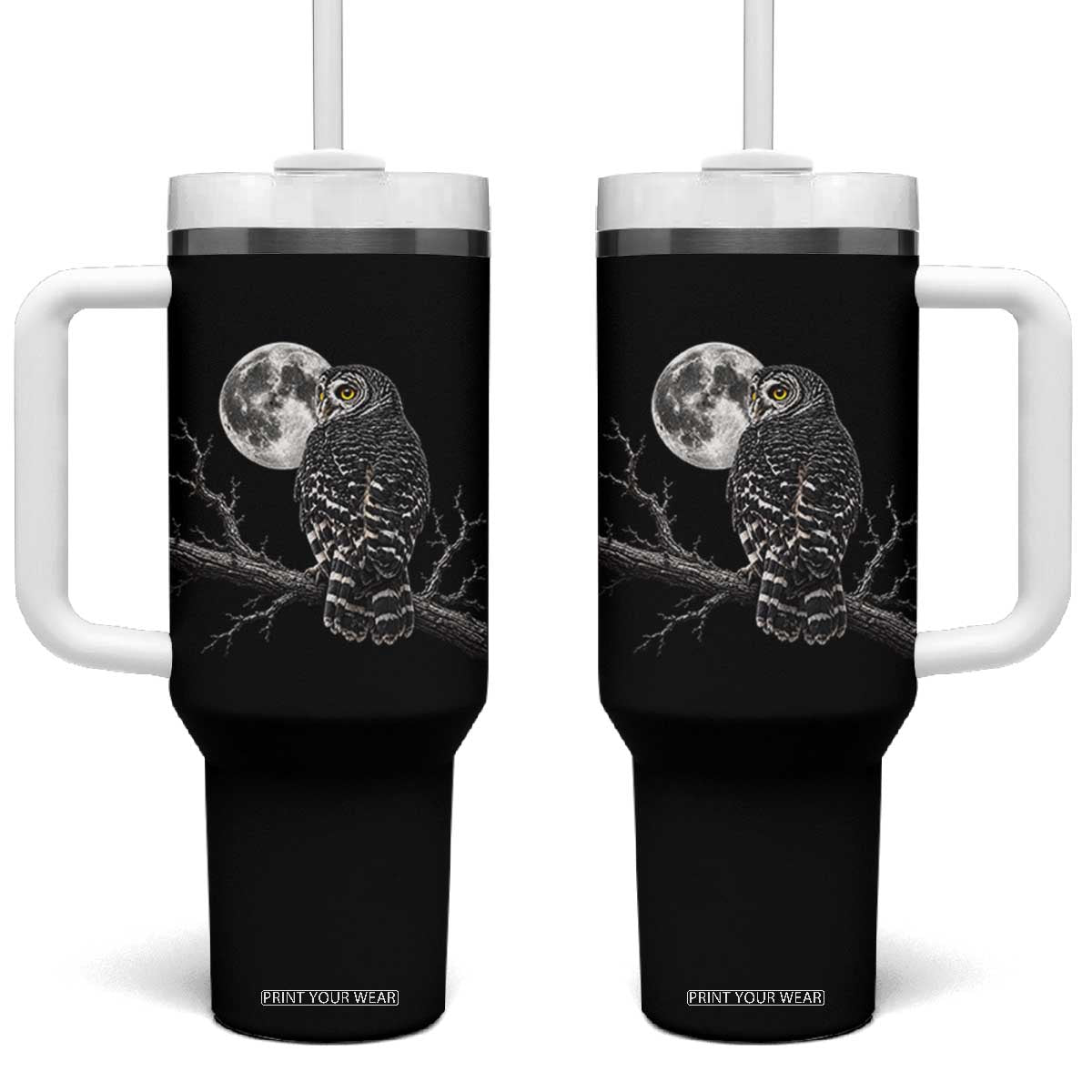 Owl Full Moon Graphic Tumbler With Handle Vintage Dark Academia Bird