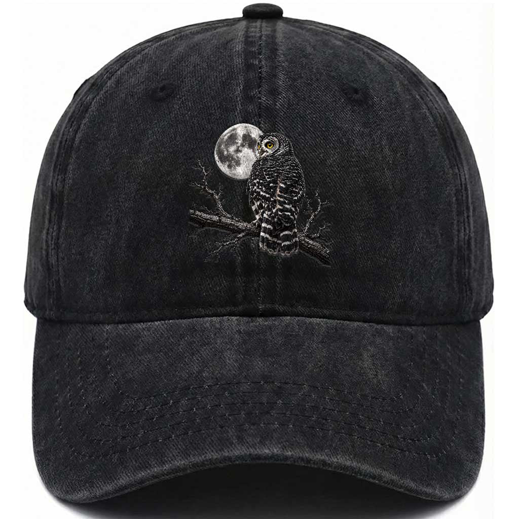 Owl Full Moon Graphic Washed Cotton Baseball Cap Vintage Dark Academia Bird TS10 Print Your Wear