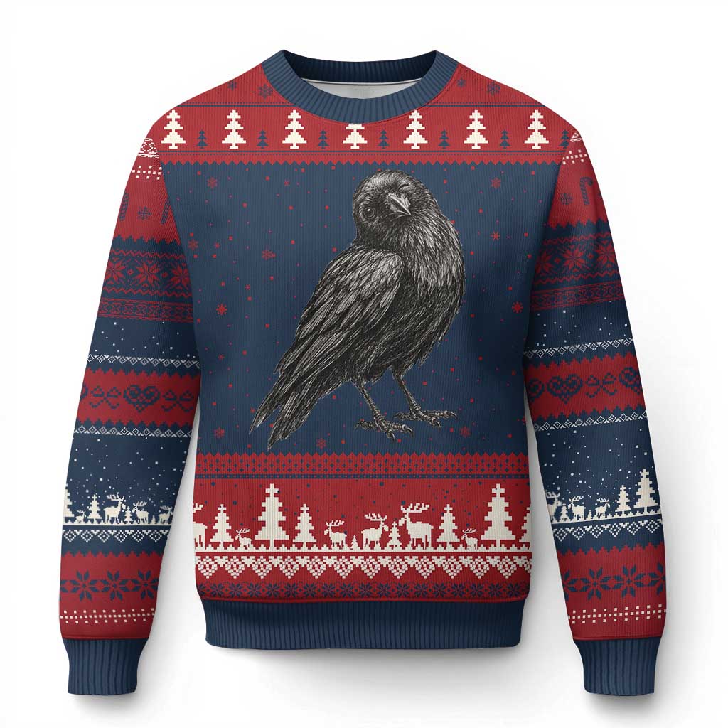Winking Raven Crow Ugly Christmas Sweater Vintage Dark Academia Funny Bird Graphic TS10 Navy Red Print Your Wear