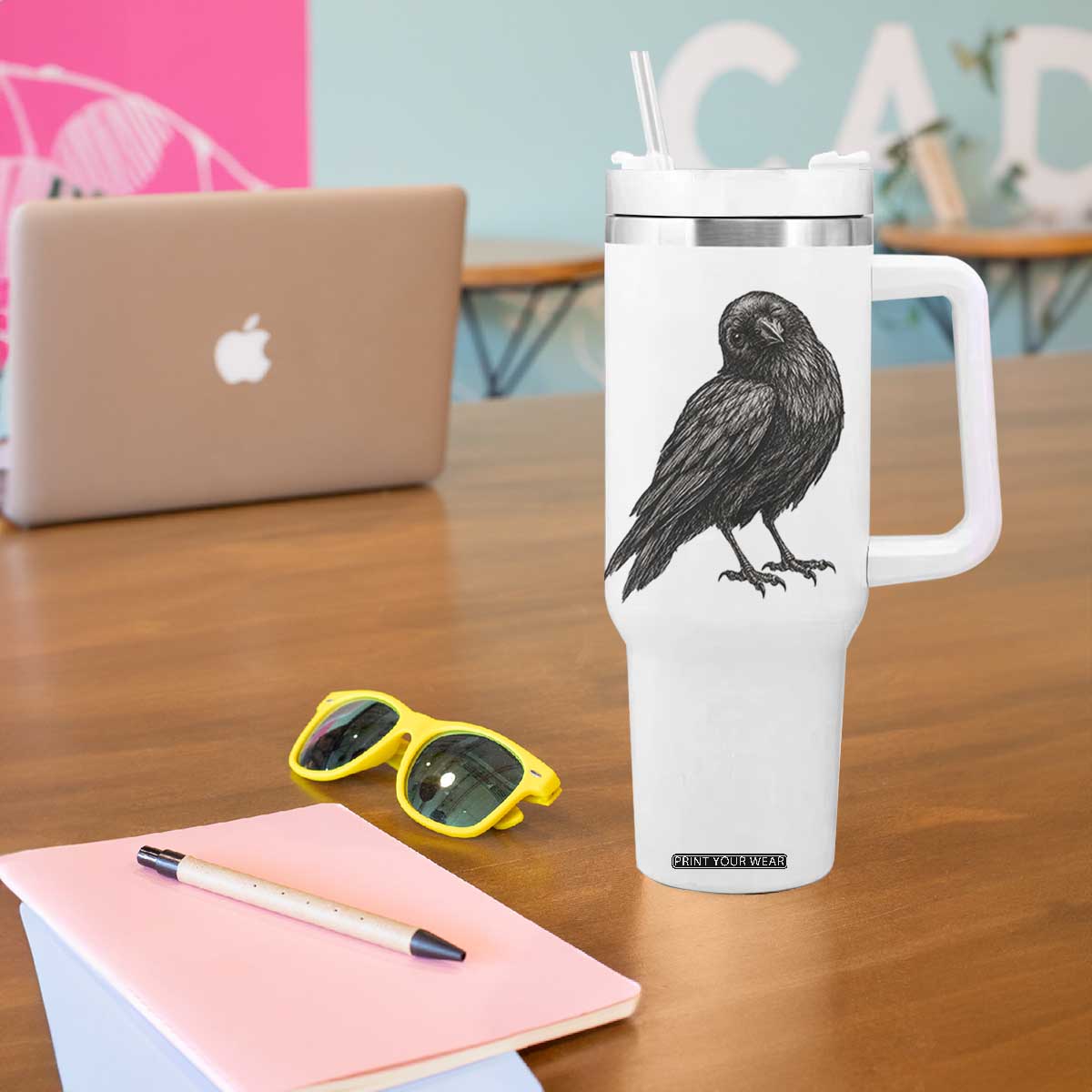 Winking Raven Crow Tumbler With Handle Vintage Dark Academia Funny Bird Graphic