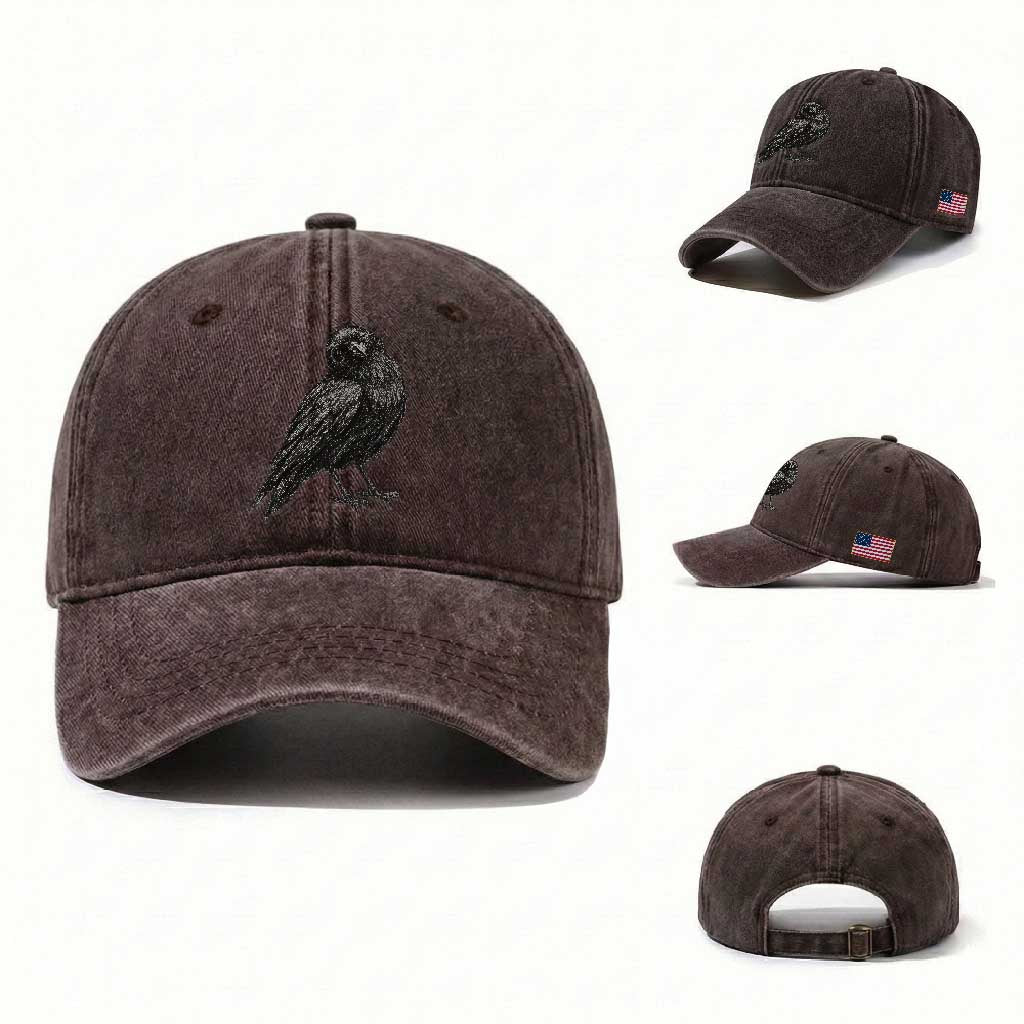 Winking Raven Crow Washed Cotton Baseball Cap Vintage Dark Academia Funny Bird Graphic
