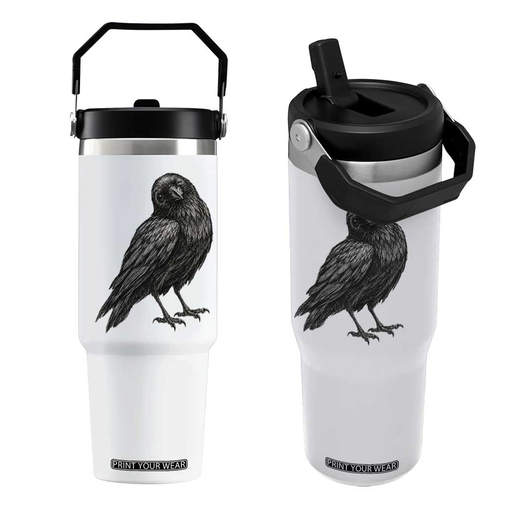 Winking Raven Crow Flip Straw Tumbler Vintage Dark Academia Funny Bird Graphic TS10 One Size: 30 oz White Print Your Wear