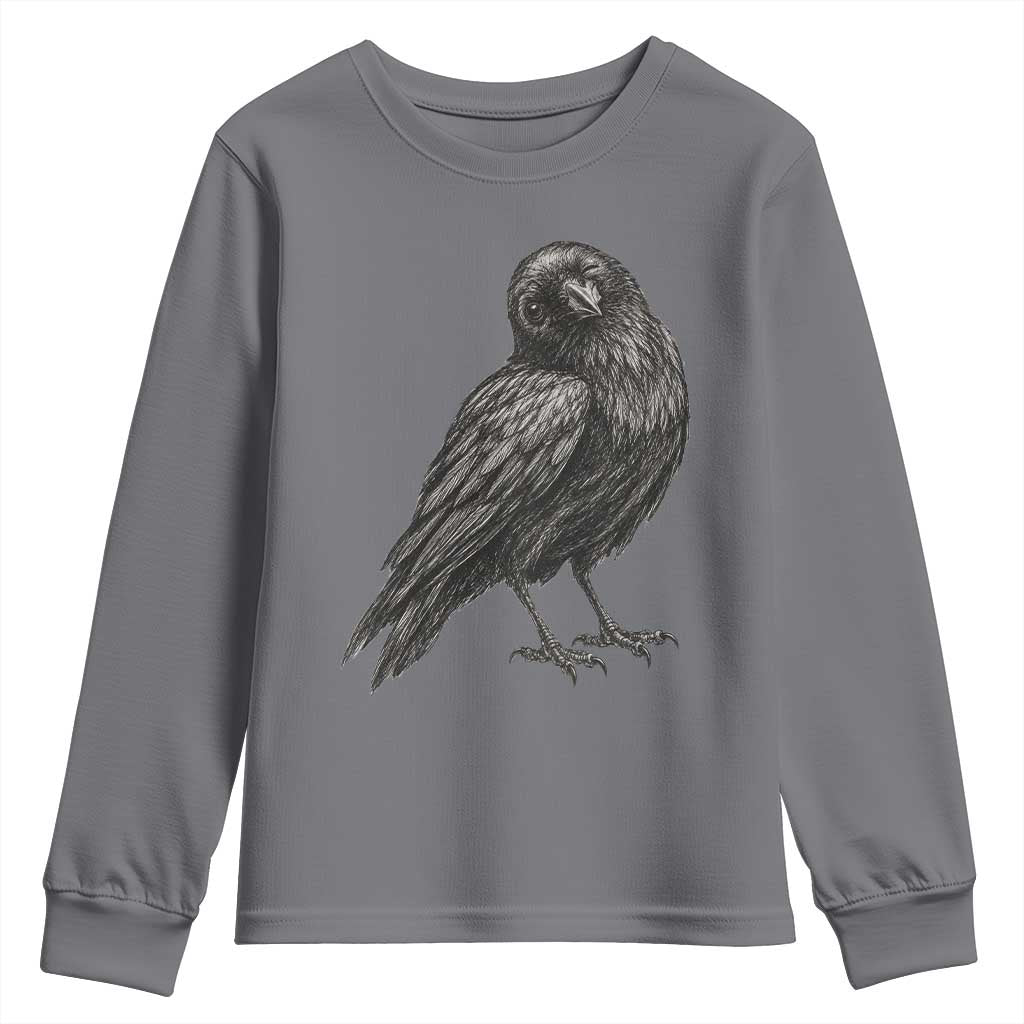Winking Raven Crow Youth Sweatshirt Vintage Dark Academia Funny Bird Graphic