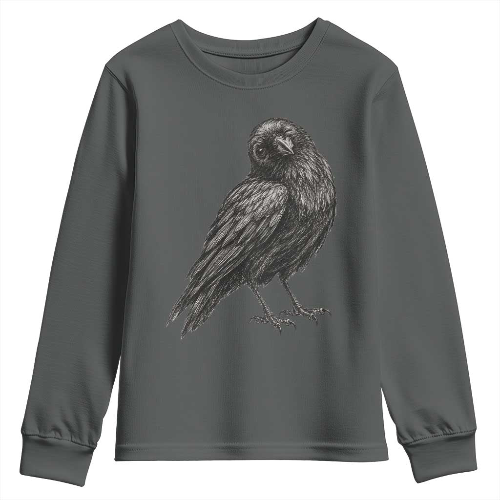 Winking Raven Crow Youth Sweatshirt Vintage Dark Academia Funny Bird Graphic