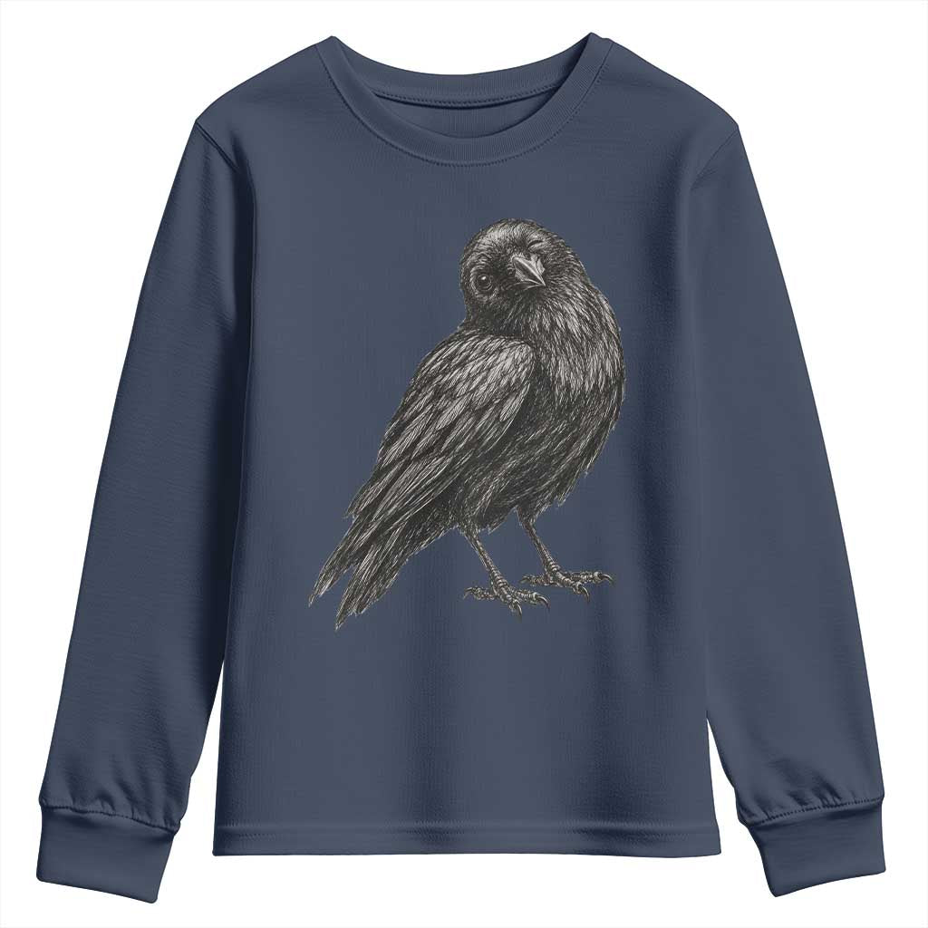 Winking Raven Crow Youth Sweatshirt Vintage Dark Academia Funny Bird Graphic