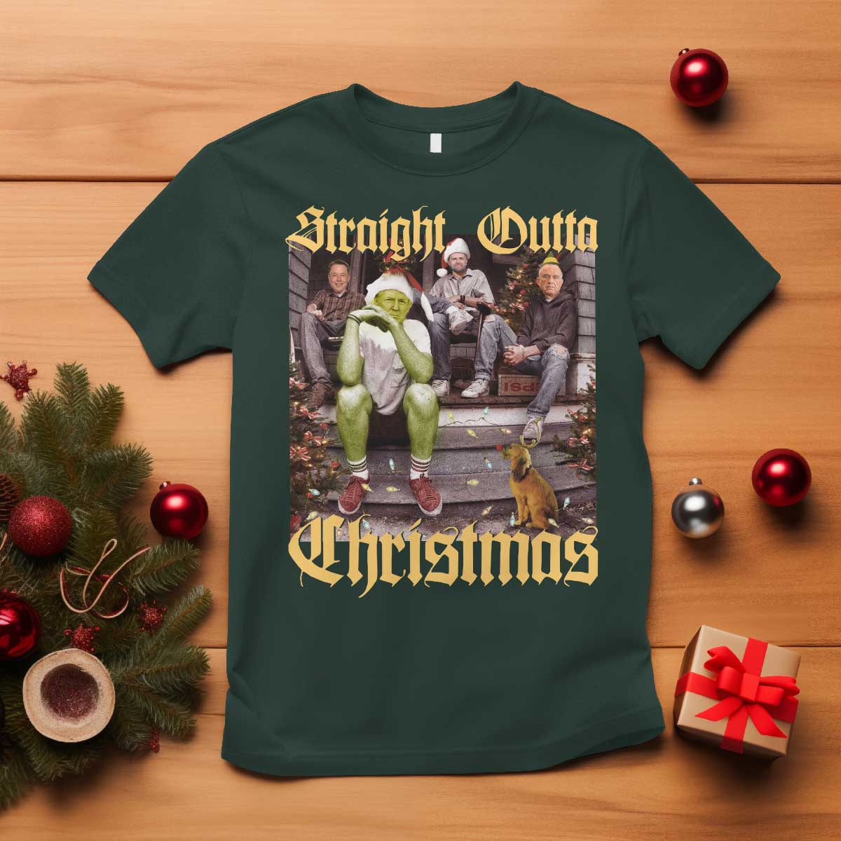 Humorous Trump Christmas T Shirt Straight Outta Xmas Movie TS10 Dark Forest Green Print Your Wear