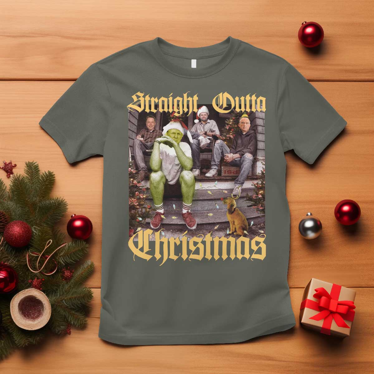 Humorous Trump Christmas T Shirt Straight Outta Xmas Movie TS10 Military Green Print Your Wear