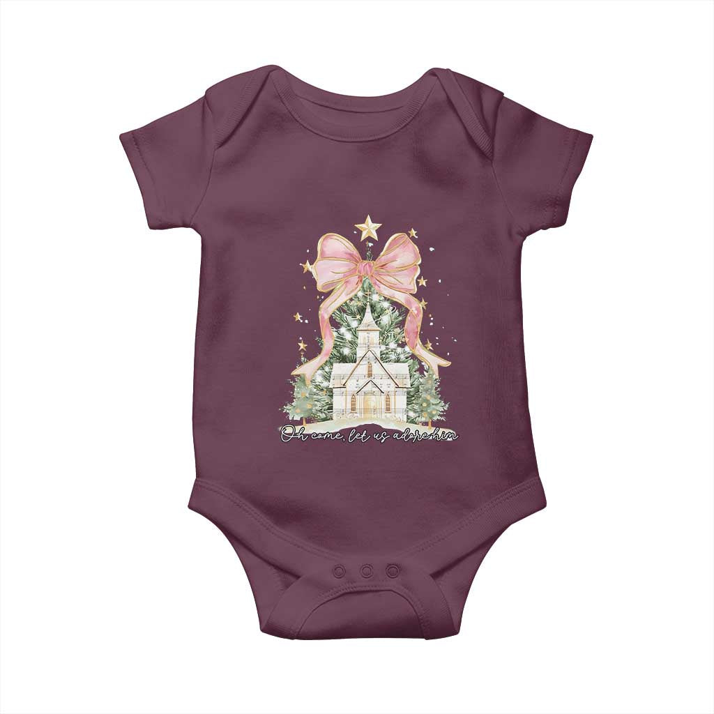 Christian Christmas Baby Onesie Oh Come Let Us Adore Him Nativity Christmas Tree Bow TS10 Maroon Print Your Wear