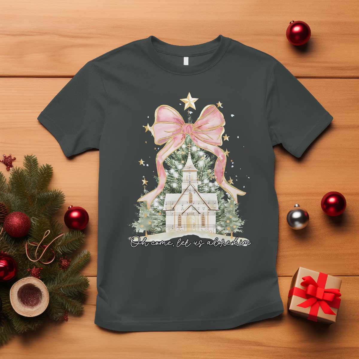 Christian Christmas T Shirt Oh Come Let Us Adore Him Nativity Christmas Tree Bow TS10 Dark Heather Print Your Wear