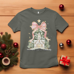 Christian Christmas T Shirt Oh Come Let Us Adore Him Nativity Christmas Tree Bow TS10 Military Green Print Your Wear