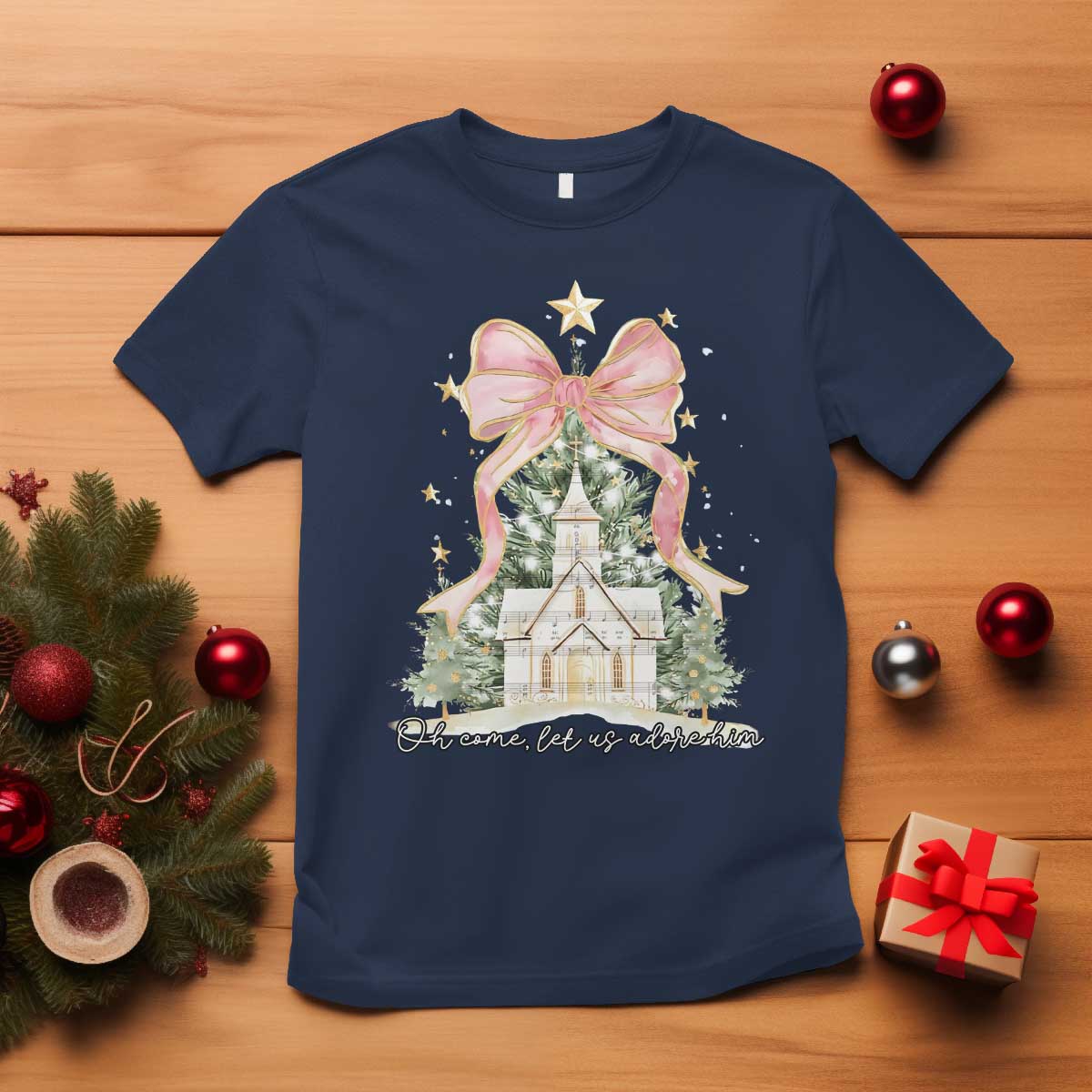 Christian Christmas T Shirt Oh Come Let Us Adore Him Nativity Christmas Tree Bow TS10 Navy Print Your Wear