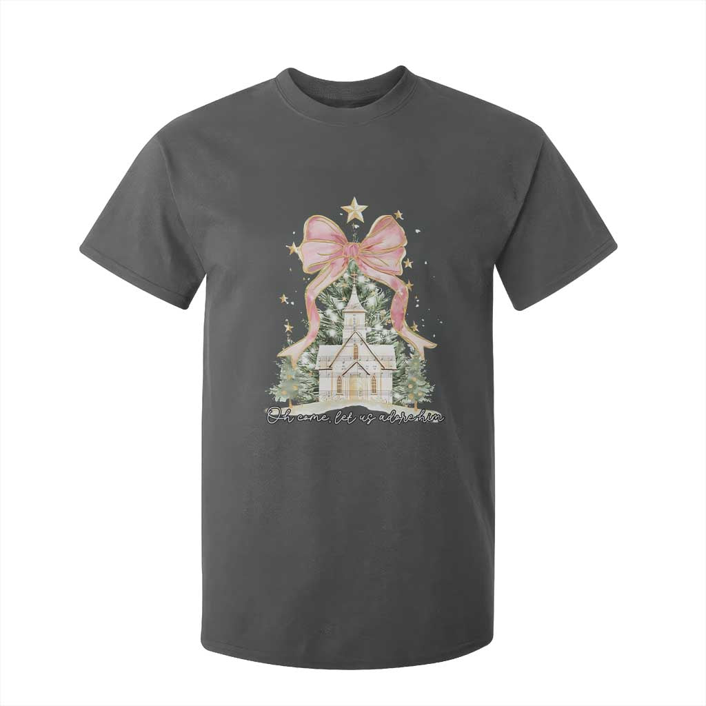 Christian Christmas T Shirt For Kid Oh Come Let Us Adore Him Nativity Christmas Tree Bow TS10 Dark Heather Print Your Wear