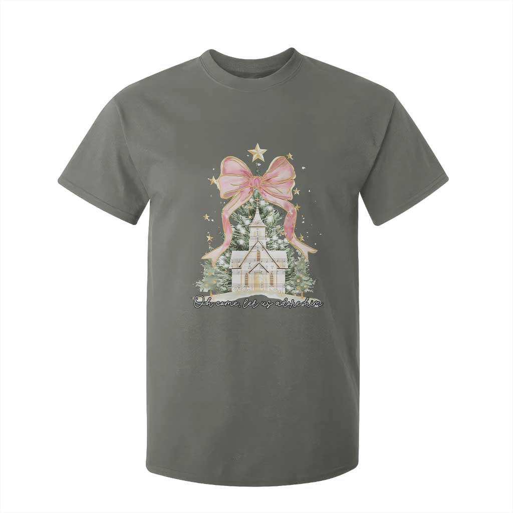 Christian Christmas T Shirt For Kid Oh Come Let Us Adore Him Nativity Christmas Tree Bow TS10 Military Green Print Your Wear