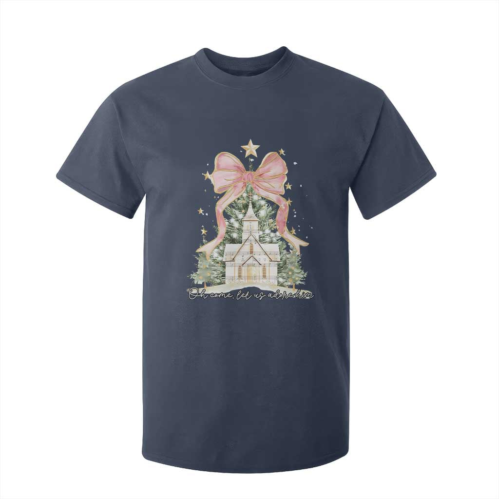 Christian Christmas T Shirt For Kid Oh Come Let Us Adore Him Nativity Christmas Tree Bow TS10 Navy Print Your Wear