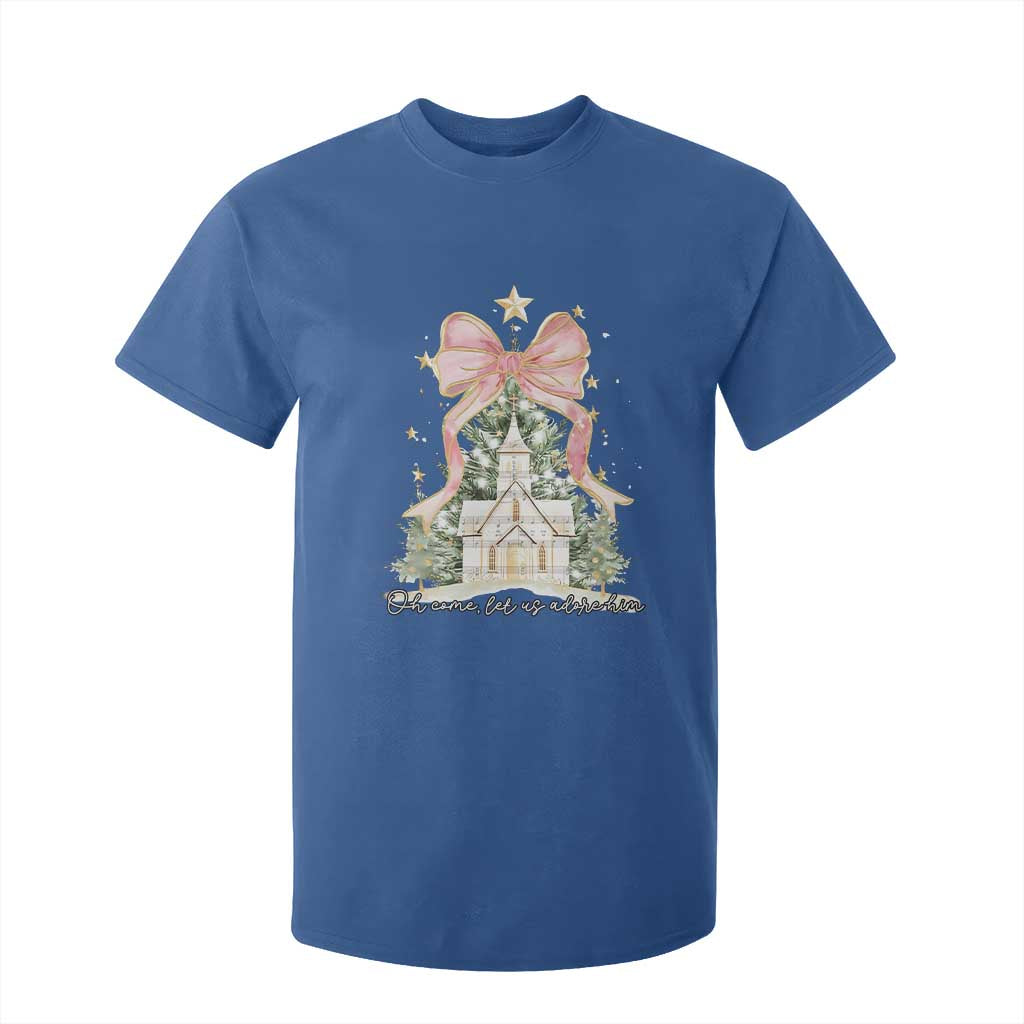 Christian Christmas T Shirt For Kid Oh Come Let Us Adore Him Nativity Christmas Tree Bow TS10 Royal Blue Print Your Wear