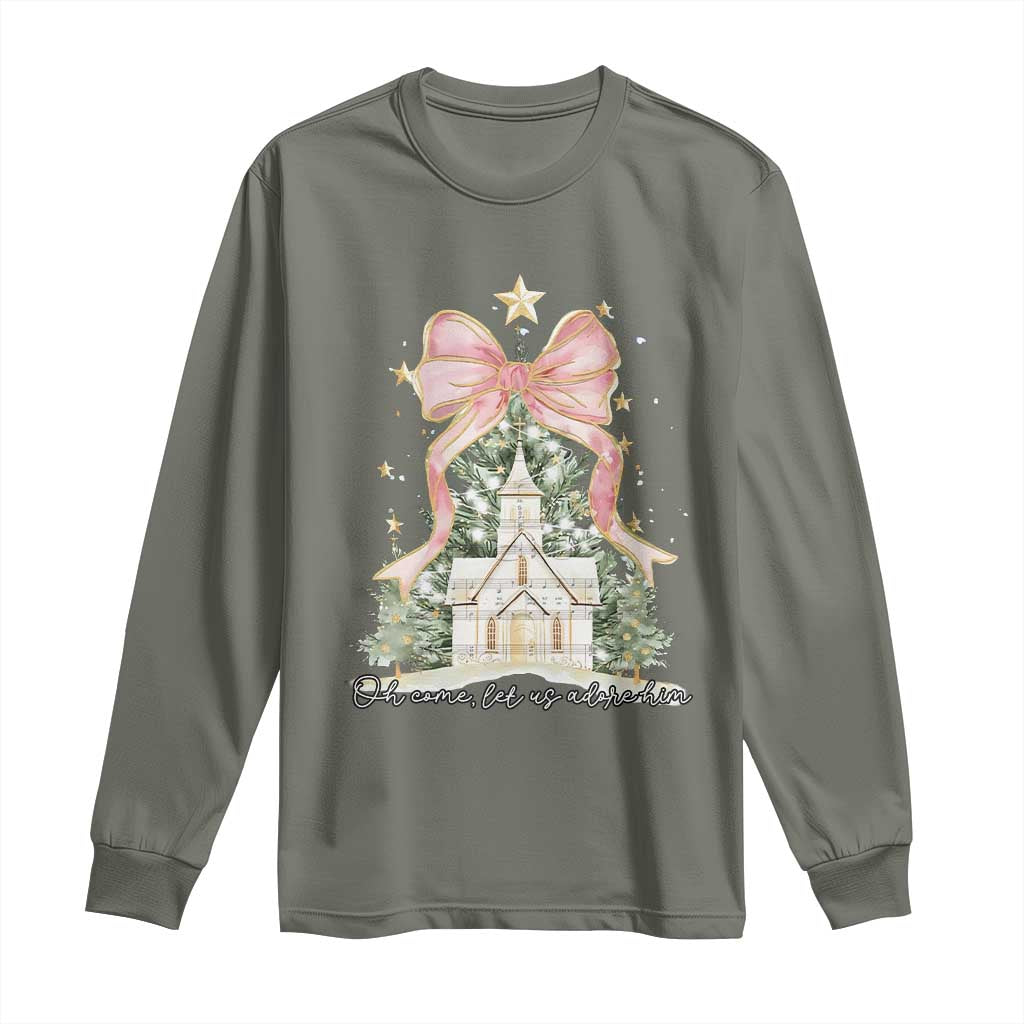 Christian Christmas Long Sleeve Shirt Oh Come Let Us Adore Him Nativity Christmas Tree Bow TS10 Military Green Print Your Wear