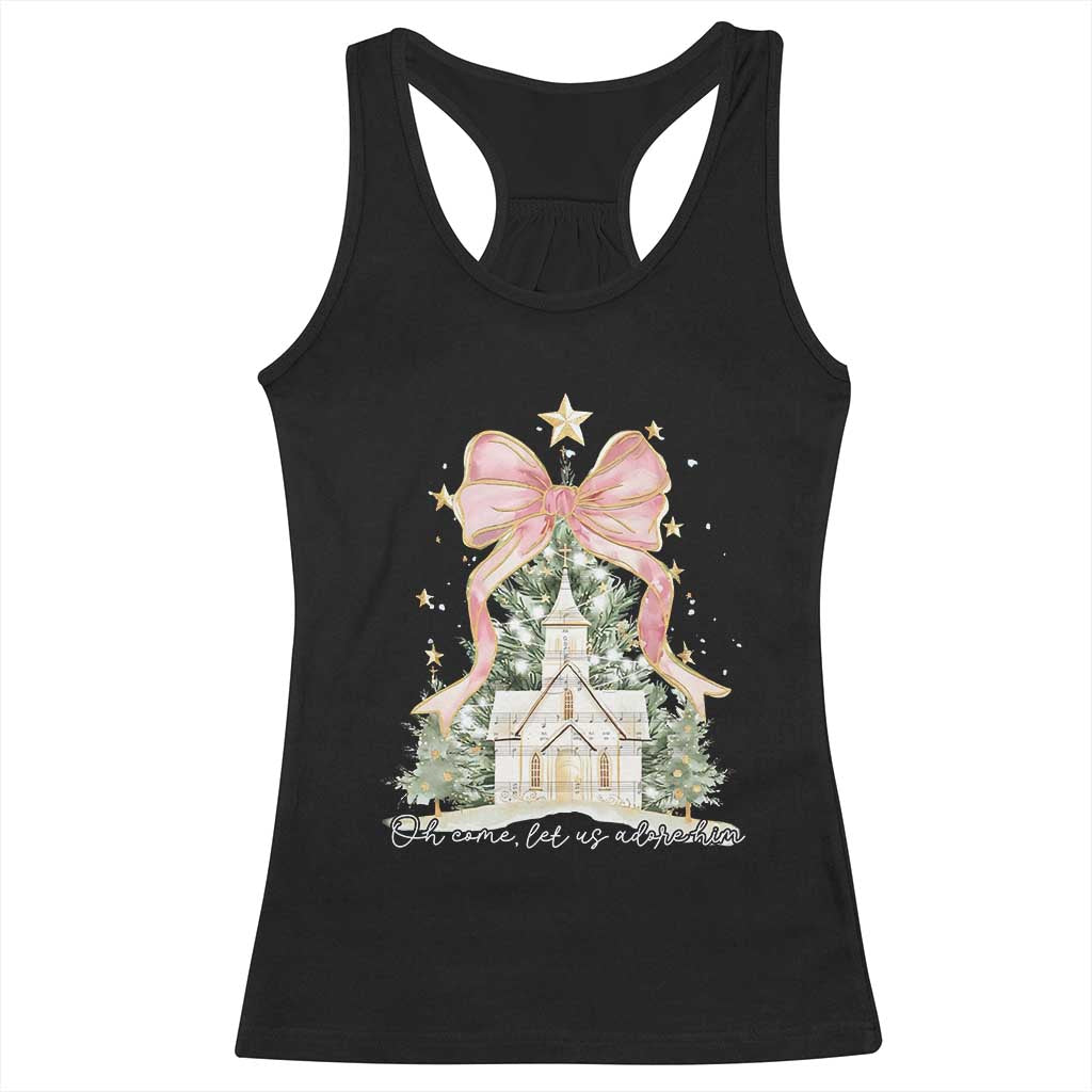 Christian Christmas Racerback Tank Top Oh Come Let Us Adore Him Nativity Christmas Tree Bow TS10 Black Print Your Wear
