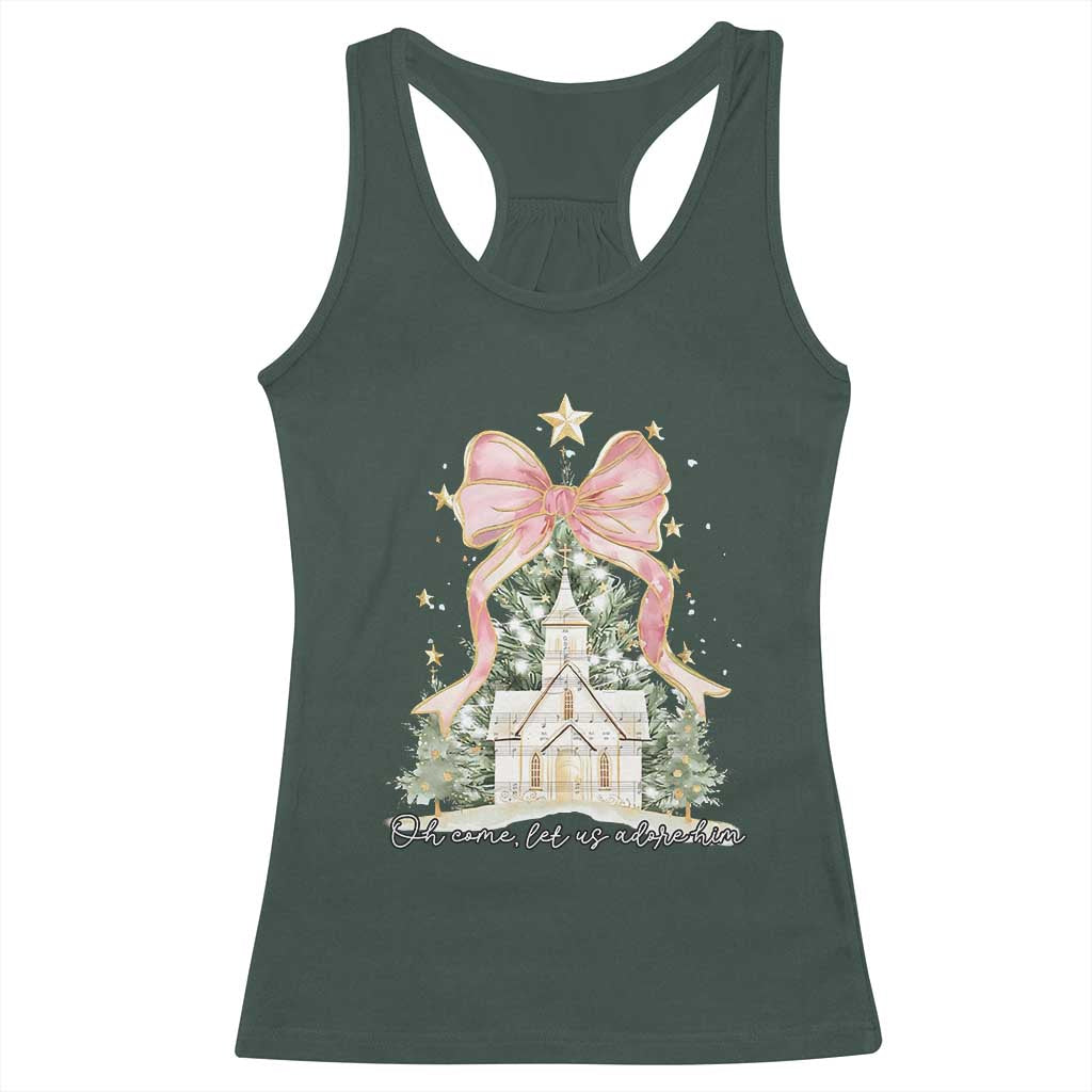 Christian Christmas Racerback Tank Top Oh Come Let Us Adore Him Nativity Christmas Tree Bow TS10 Dark Forest Green Print Your Wear
