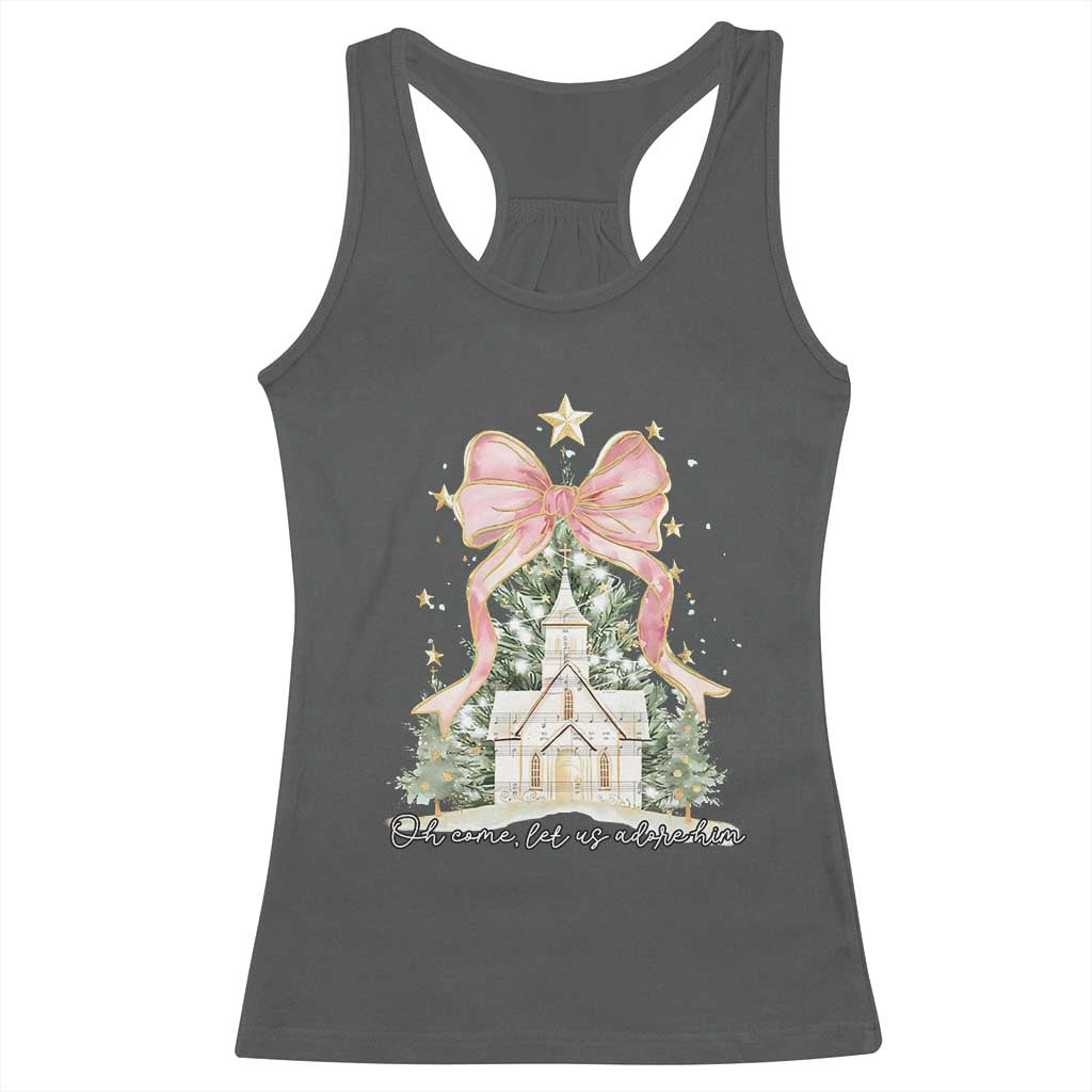 Christian Christmas Racerback Tank Top Oh Come Let Us Adore Him Nativity Christmas Tree Bow TS10 Dark Heather Print Your Wear