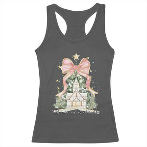 Christian Christmas Racerback Tank Top Oh Come Let Us Adore Him Nativity Christmas Tree Bow TS10 Dark Heather Print Your Wear