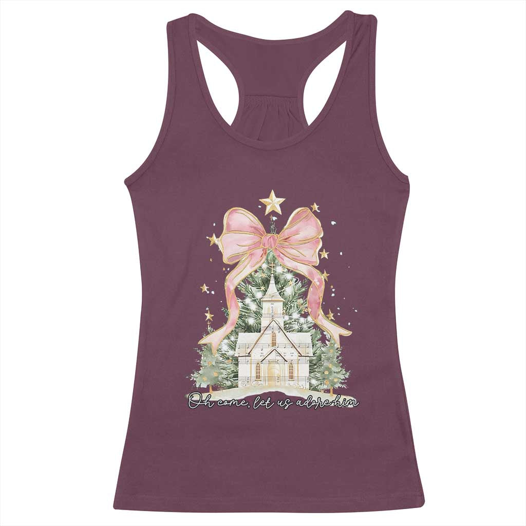 Christian Christmas Racerback Tank Top Oh Come Let Us Adore Him Nativity Christmas Tree Bow TS10 Maroon Print Your Wear