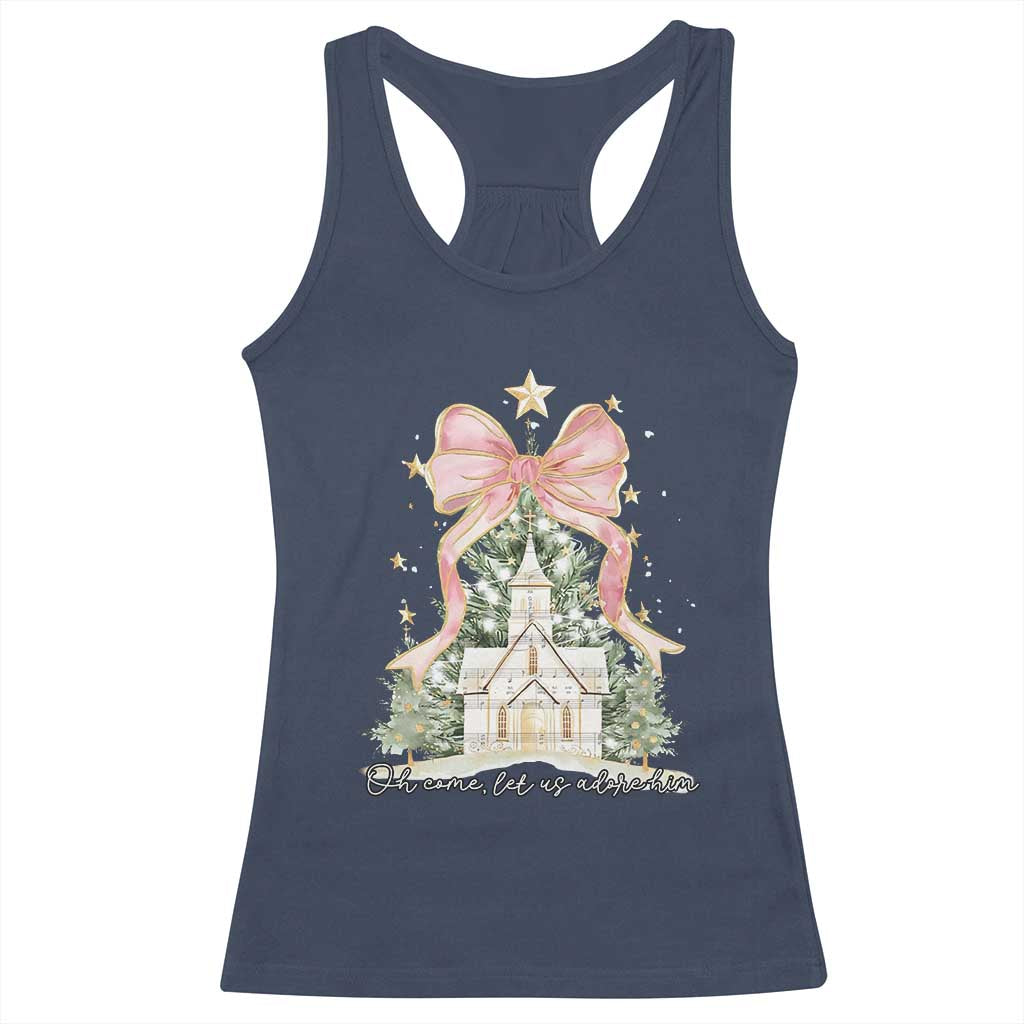 Christian Christmas Racerback Tank Top Oh Come Let Us Adore Him Nativity Christmas Tree Bow TS10 Navy Print Your Wear