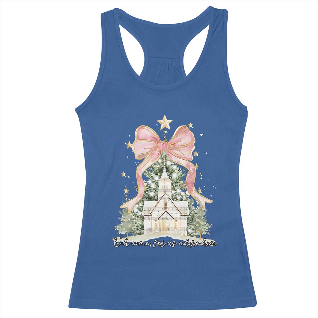 Christian Christmas Racerback Tank Top Oh Come Let Us Adore Him Nativity Christmas Tree Bow TS10 Royal Blue Print Your Wear