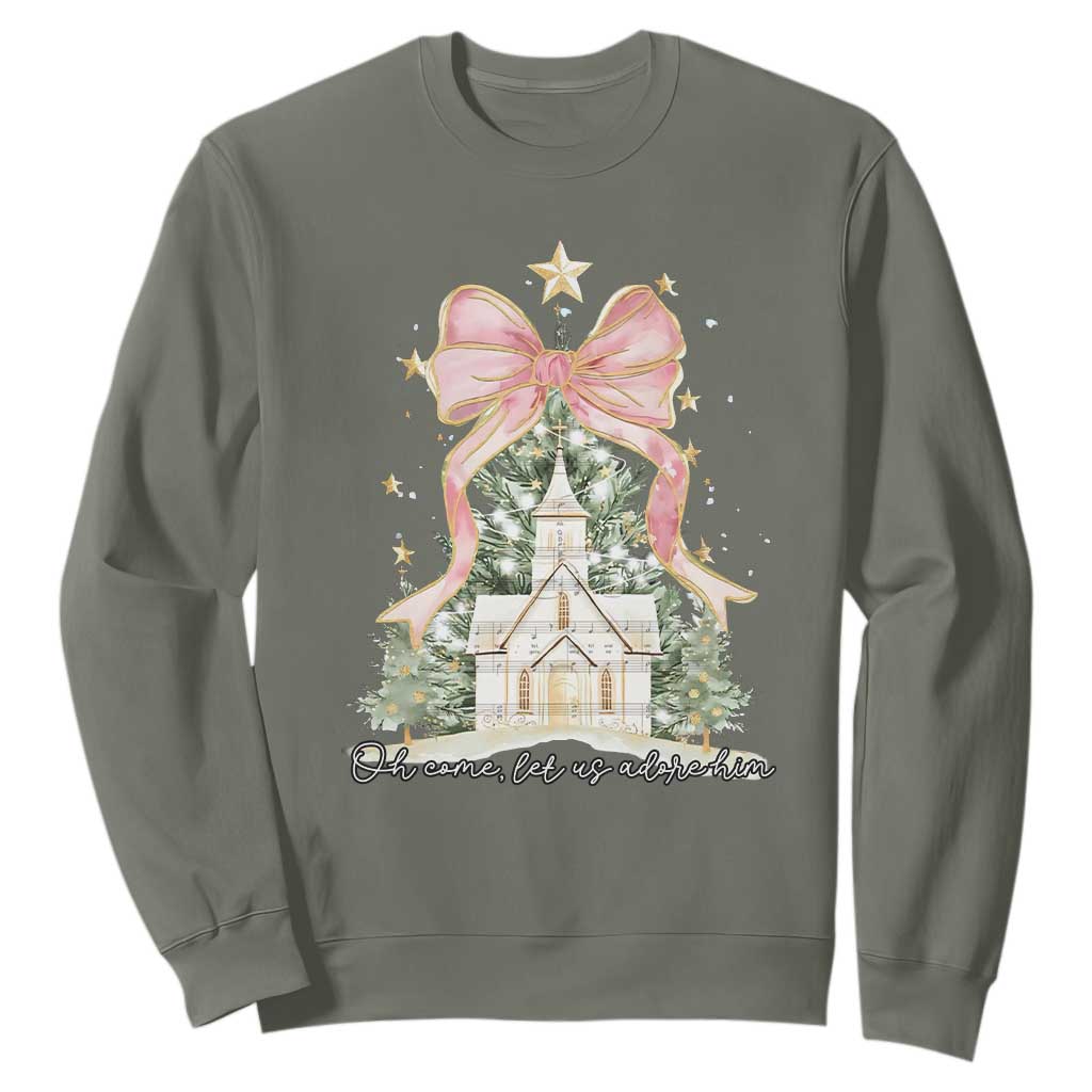 Christian Christmas Sweatshirt Oh Come Let Us Adore Him Nativity Christmas Tree Bow TS10 Military Green Print Your Wear