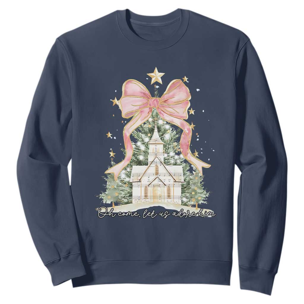 Christian Christmas Sweatshirt Oh Come Let Us Adore Him Nativity Christmas Tree Bow TS10 Navy Print Your Wear
