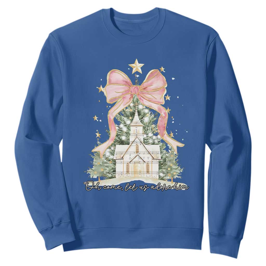 Christian Christmas Sweatshirt Oh Come Let Us Adore Him Nativity Christmas Tree Bow TS10 Royal Blue Print Your Wear