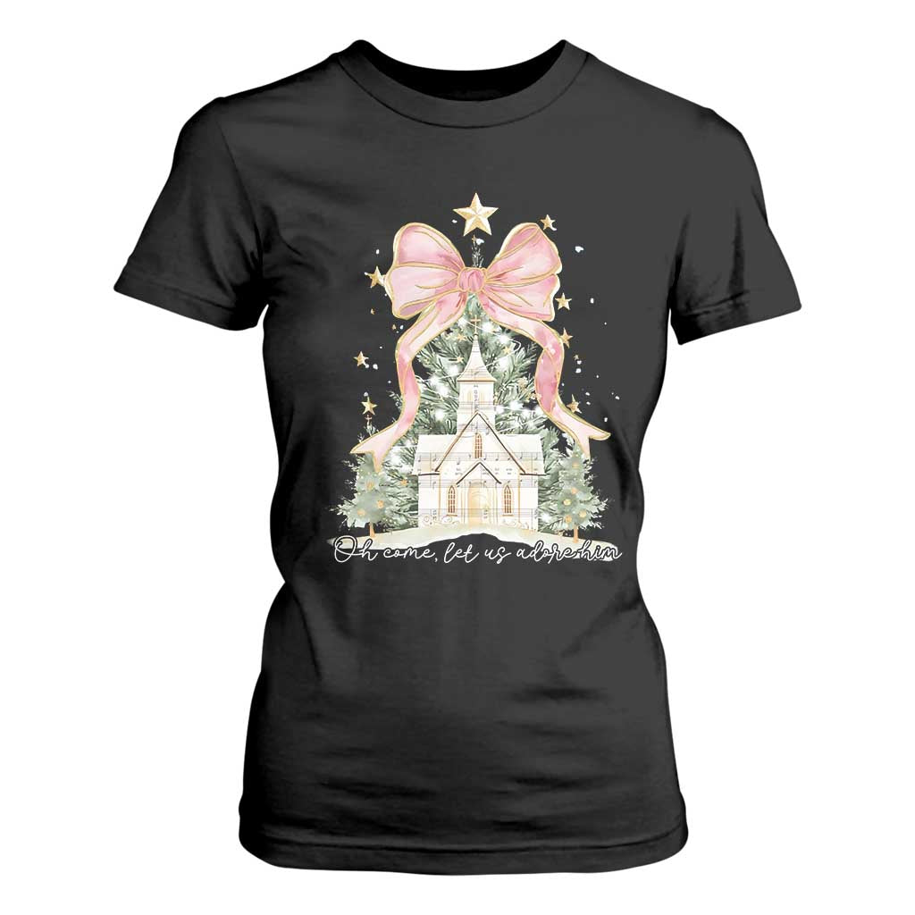 Christian Christmas T Shirt For Women Oh Come Let Us Adore Him Nativity Christmas Tree Bow TS10 Black Print Your Wear