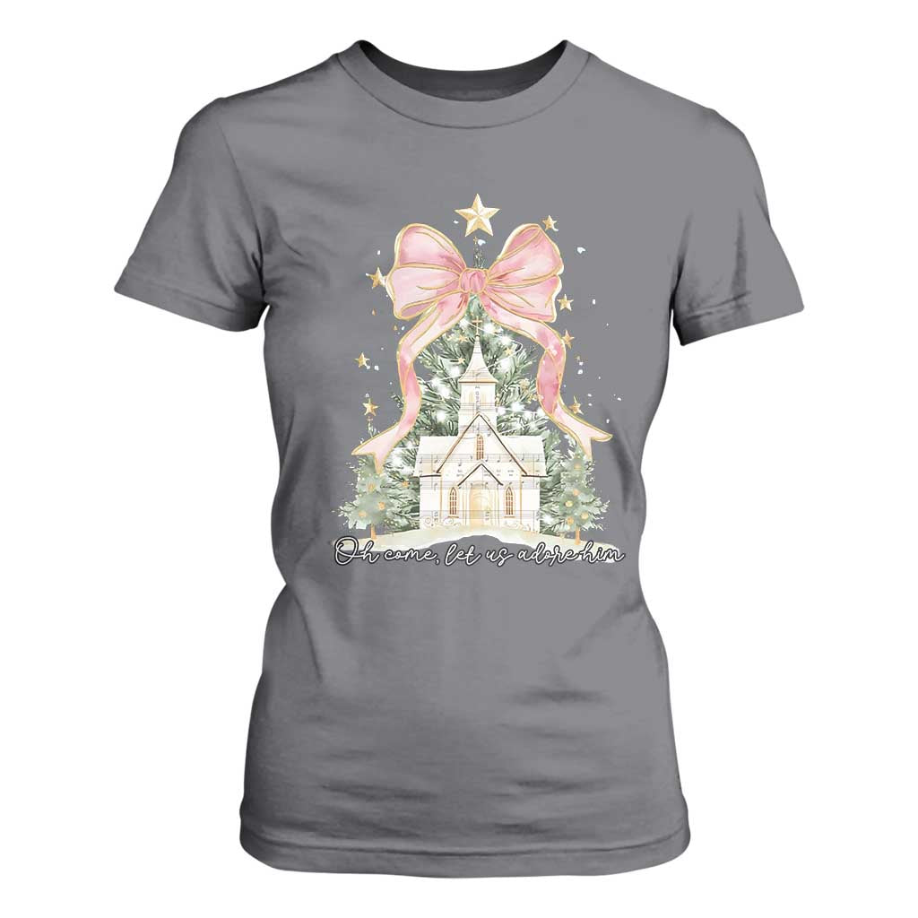 Christian Christmas T Shirt For Women Oh Come Let Us Adore Him Nativity Christmas Tree Bow TS10 Charcoal Print Your Wear