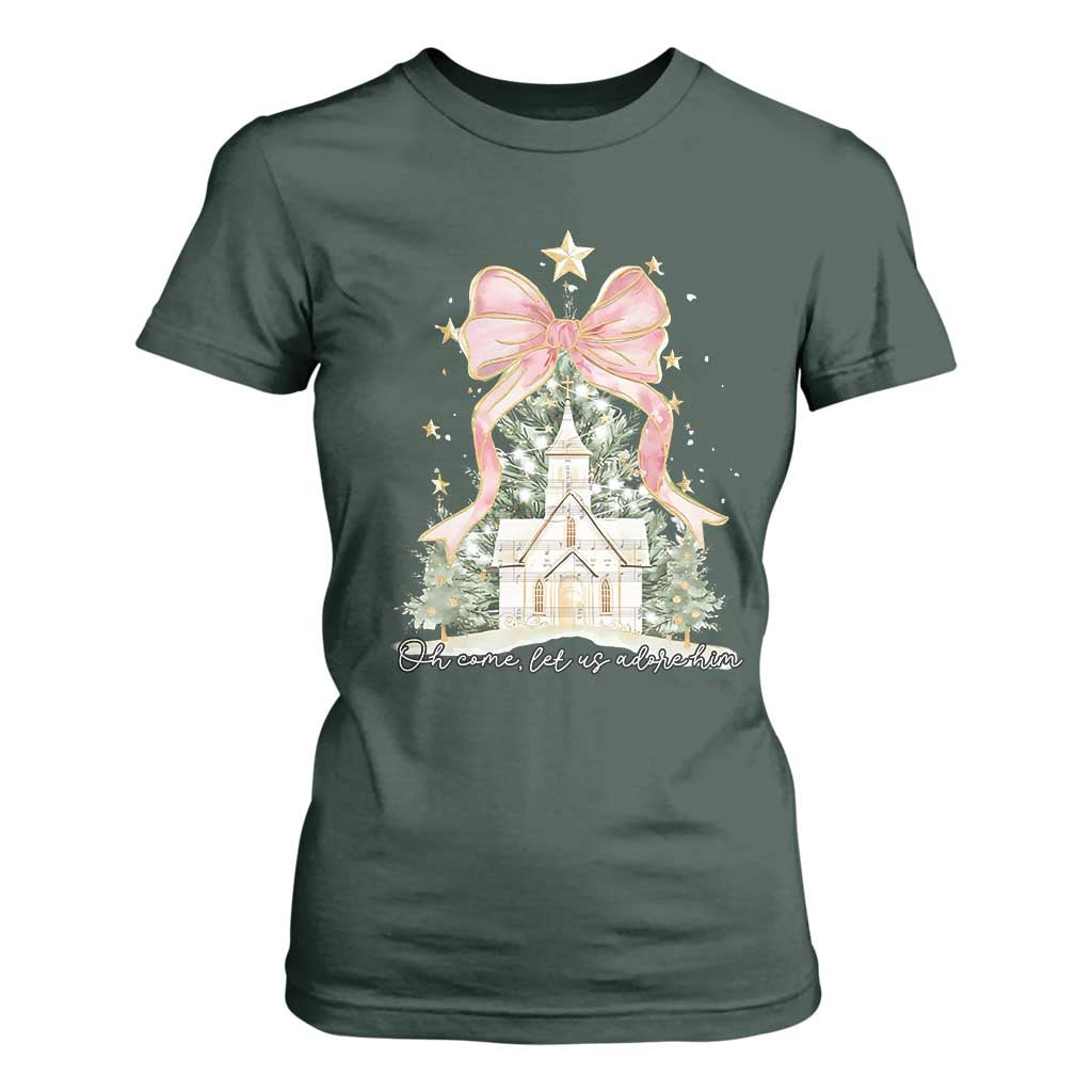 Christian Christmas T Shirt For Women Oh Come Let Us Adore Him Nativity Christmas Tree Bow TS10 Dark Forest Green Print Your Wear