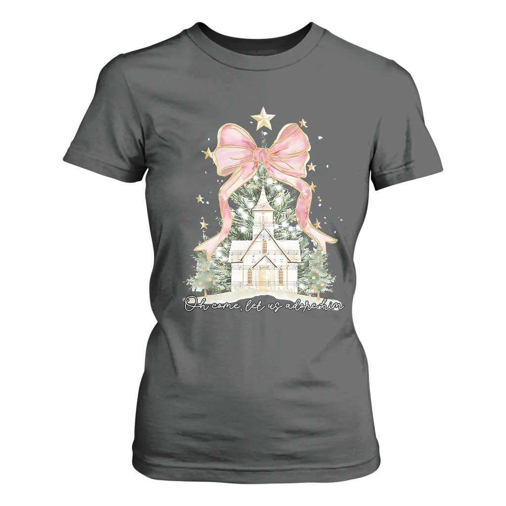 Christian Christmas T Shirt For Women Oh Come Let Us Adore Him Nativity Christmas Tree Bow TS10 Dark Heather Print Your Wear
