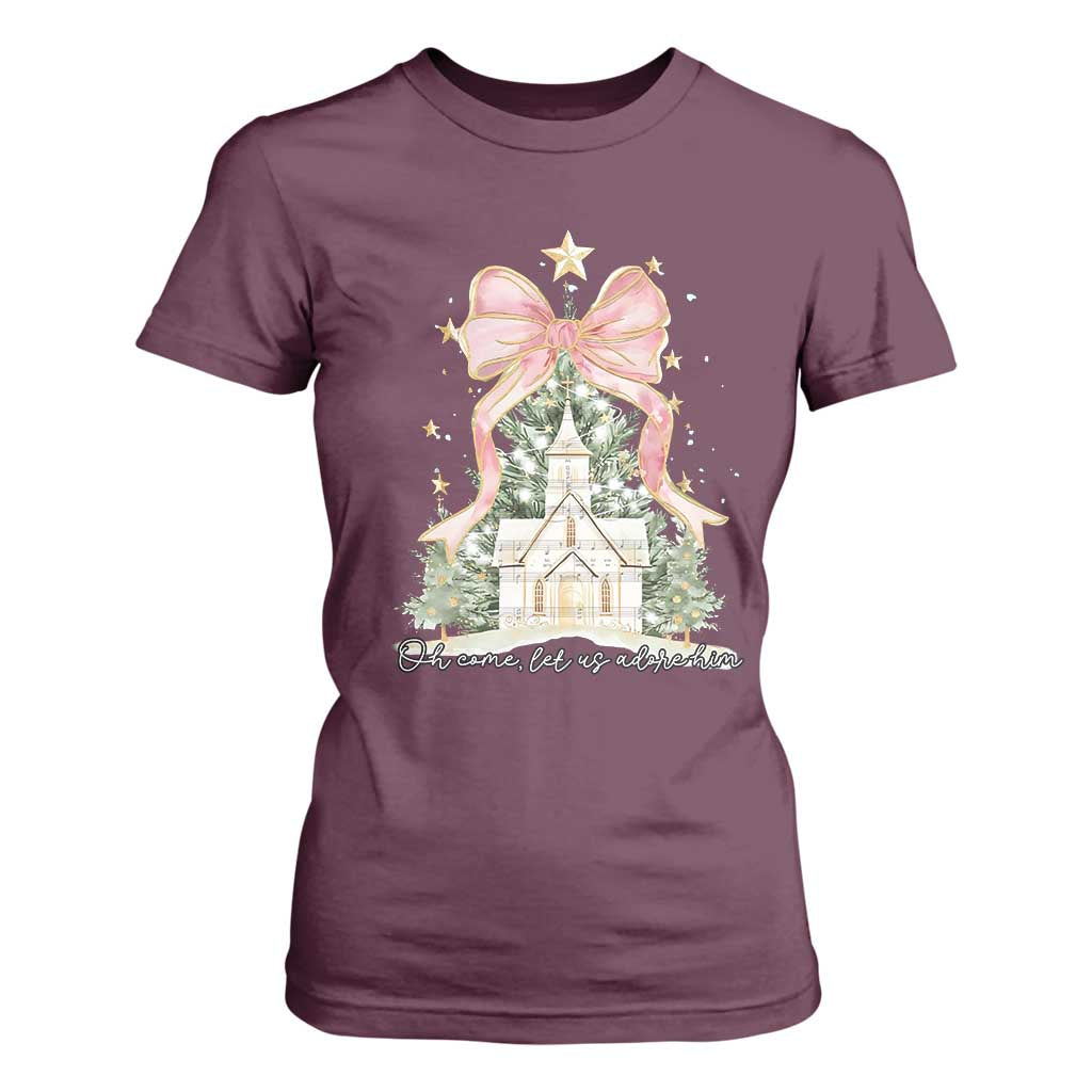 Christian Christmas T Shirt For Women Oh Come Let Us Adore Him Nativity Christmas Tree Bow TS10 Maroon Print Your Wear