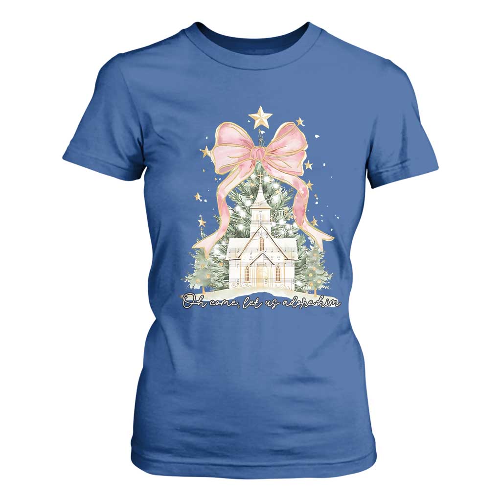 Christian Christmas T Shirt For Women Oh Come Let Us Adore Him Nativity Christmas Tree Bow TS10 Royal Blue Print Your Wear