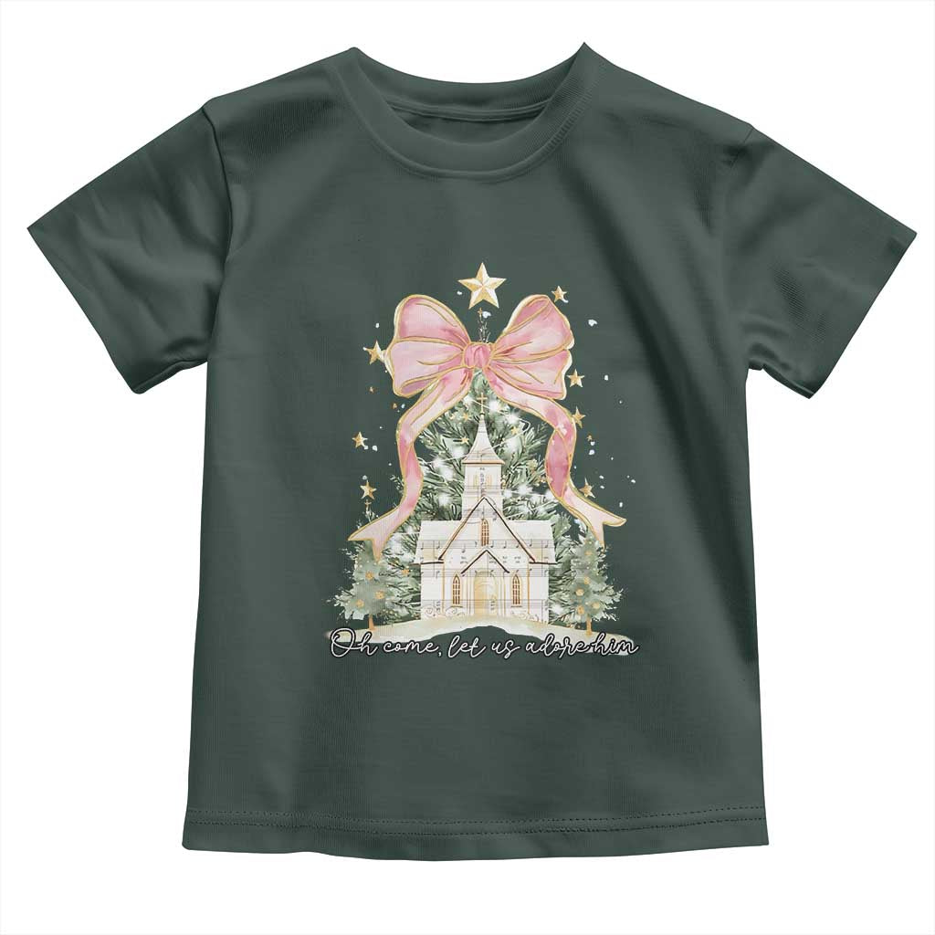 Christian Christmas Toddler T Shirt Oh Come Let Us Adore Him Nativity Christmas Tree Bow TS10 Dark Forest Green Print Your Wear
