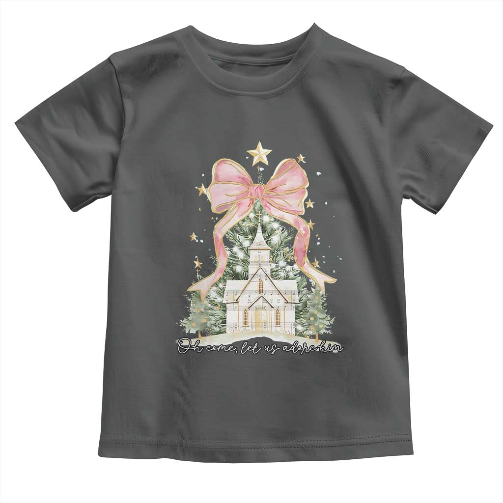 Christian Christmas Toddler T Shirt Oh Come Let Us Adore Him Nativity Christmas Tree Bow TS10 Dark Heather Print Your Wear
