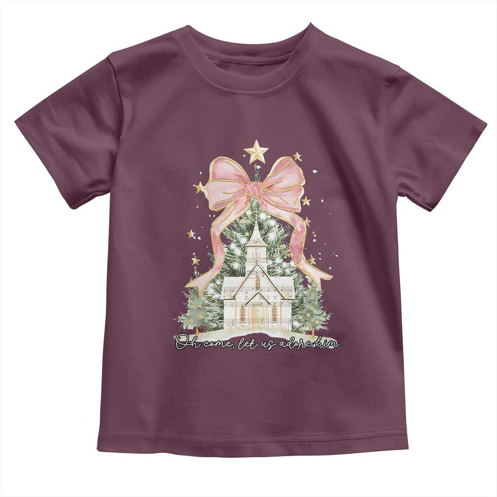 Christian Christmas Toddler T Shirt Oh Come Let Us Adore Him Nativity Christmas Tree Bow TS10 Maroon Print Your Wear