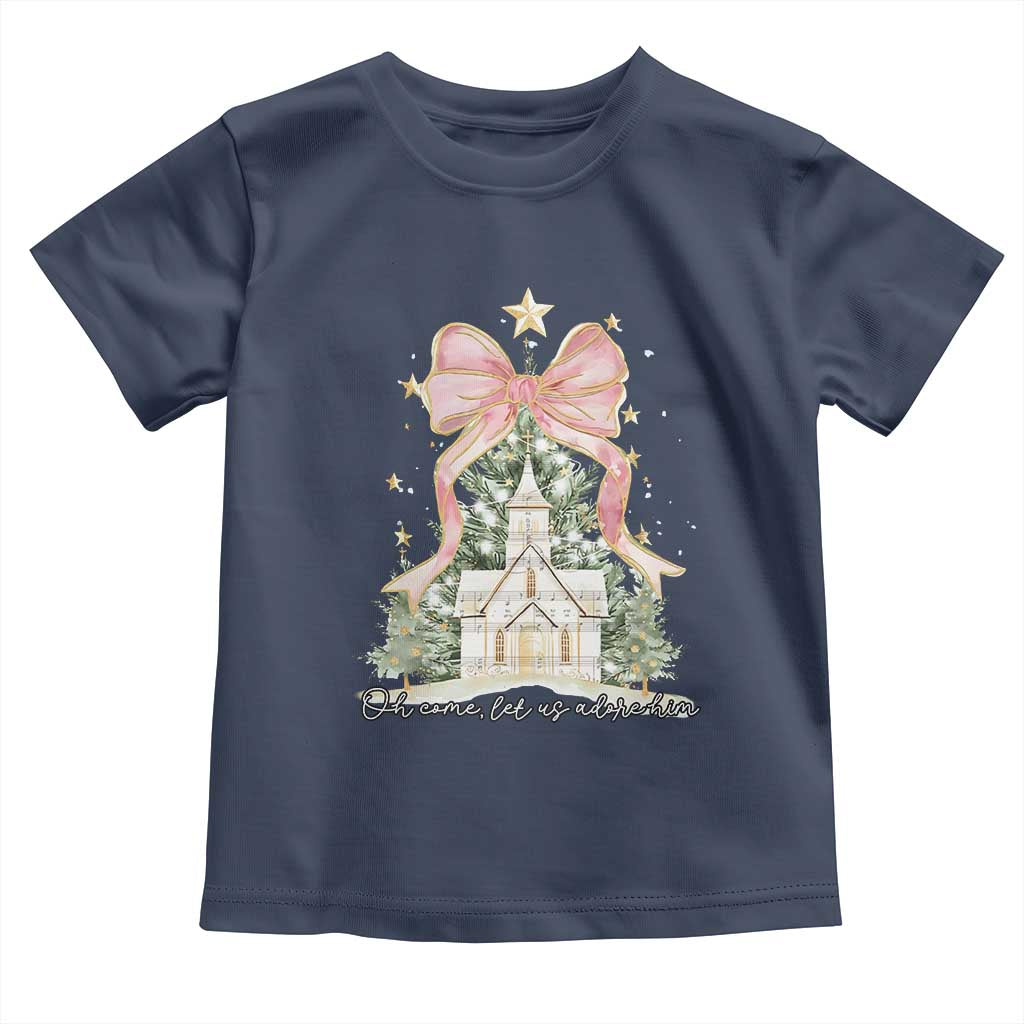Christian Christmas Toddler T Shirt Oh Come Let Us Adore Him Nativity Christmas Tree Bow TS10 Navy Print Your Wear