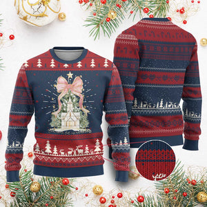 Christian Christmas Knit Sweatshirt Oh Come Let Us Adore Him Nativity Christmas Tree Bow TS10 Burgundy Print Your Wear