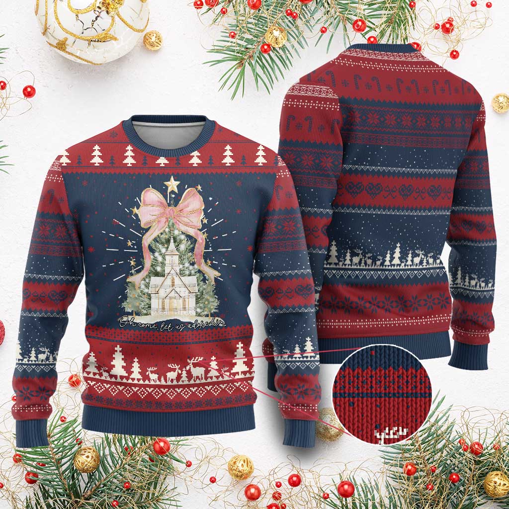Christian Christmas Knit Sweatshirt Oh Come Let Us Adore Him Nativity Christmas Tree Bow - Print Your Wear