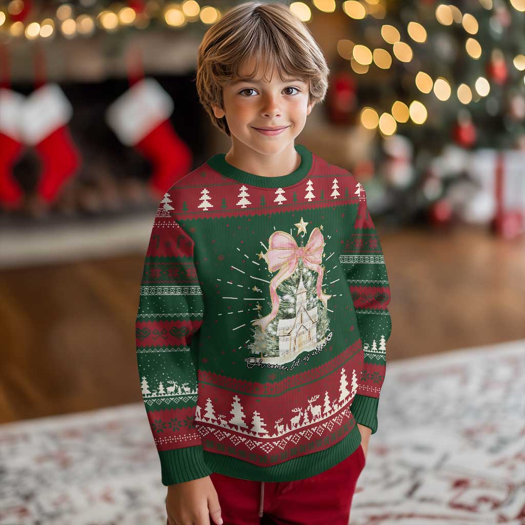 Christian Christmas Knit Sweatshirt Oh Come Let Us Adore Him Nativity Christmas Tree Bow TS10 Christmas Print Your Wear