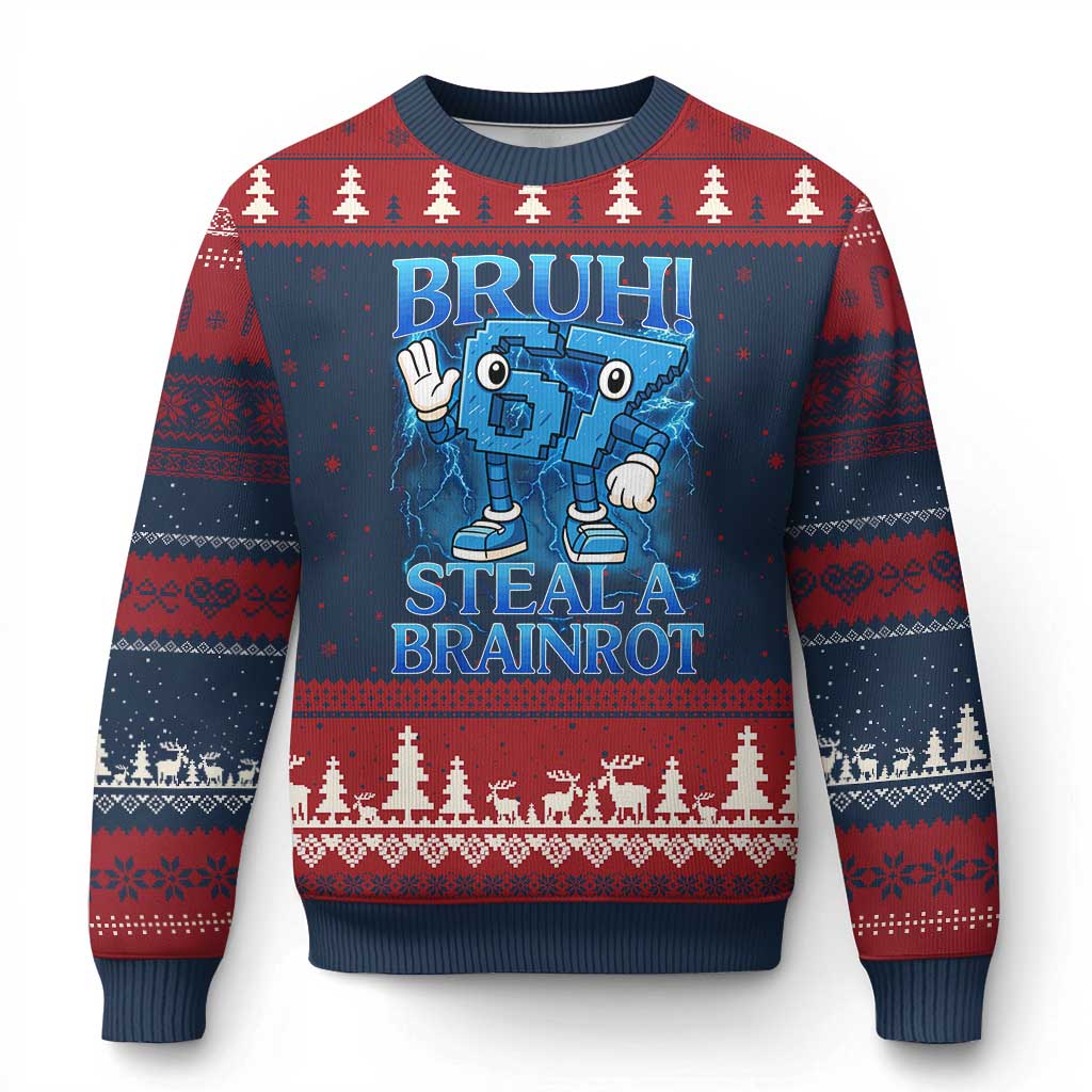 Bruh 6 7 Steal a Brainrot Ugly Christmas Sweater 6-7 Funny Brainrot Meme Six Seven Bootleg TS10 Navy Red Print Your Wear
