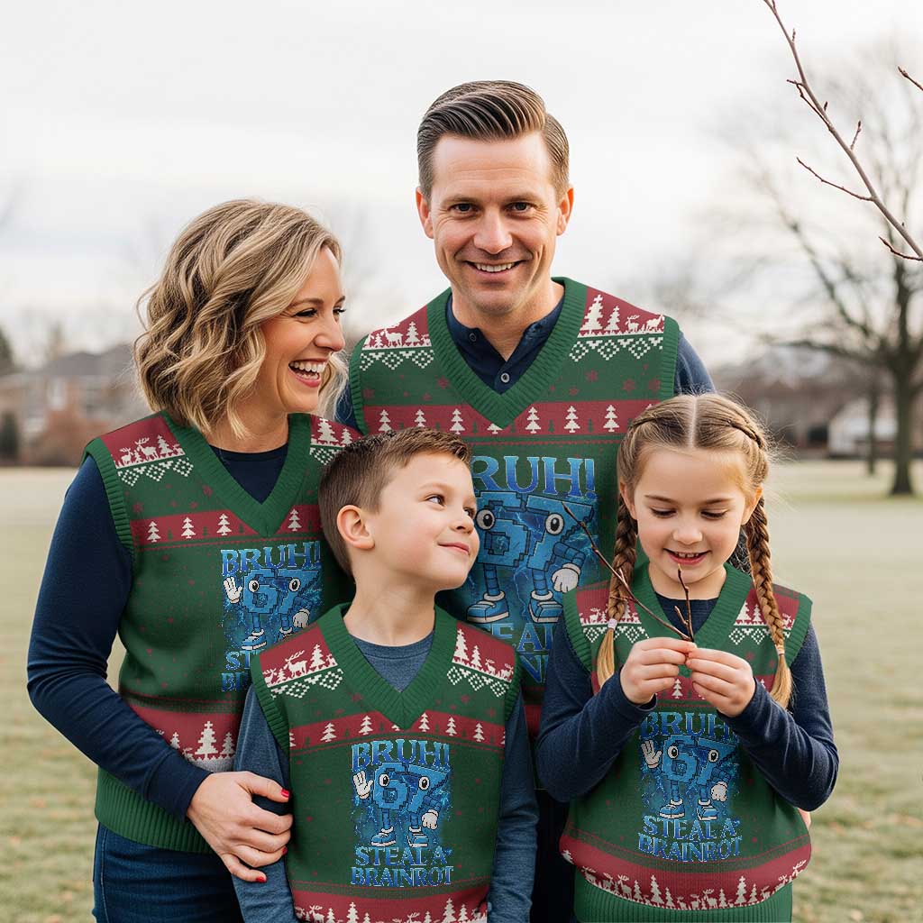 Bruh 6 7 Steal a Brainrot V-Neck Knit Sweater Vest 6-7 Funny Brainrot Meme Six Seven Bootleg TS10 Red Green Print Your Wear