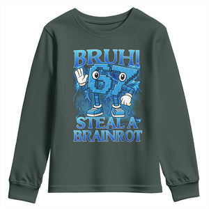 Bruh 6 7 Steal a Brainrot Youth Sweatshirt 6-7 Funny Brainrot Meme Six Seven Bootleg TS10 Dark Forest Green Print Your Wear
