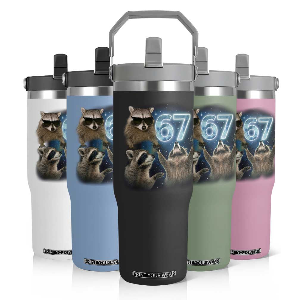 Funny 67 Raccoon Meme Flip Straw Tumbler Howling at The Moon Funny Six Seven Weird Cursed TS10 Print Your Wear